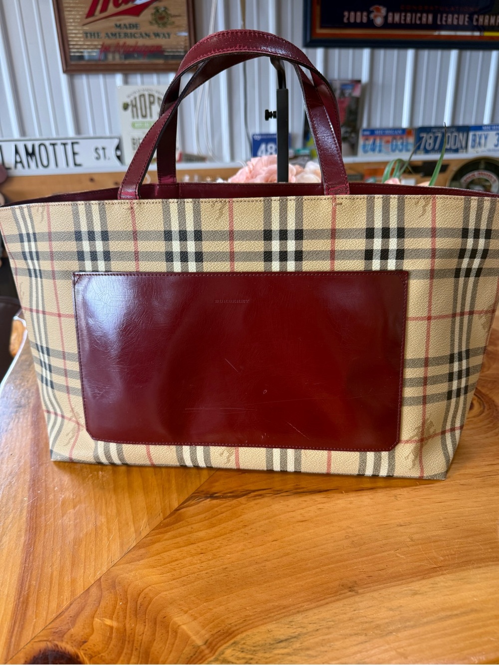 Burberry Beige Check Large Messenger Tote with Burgundy Leather Trim